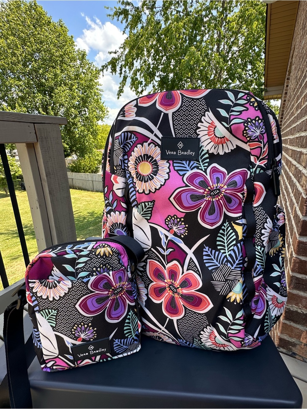 Vera Bradley Floral Backpack & Crossbody Set - Black with Pink & Purple Flowers